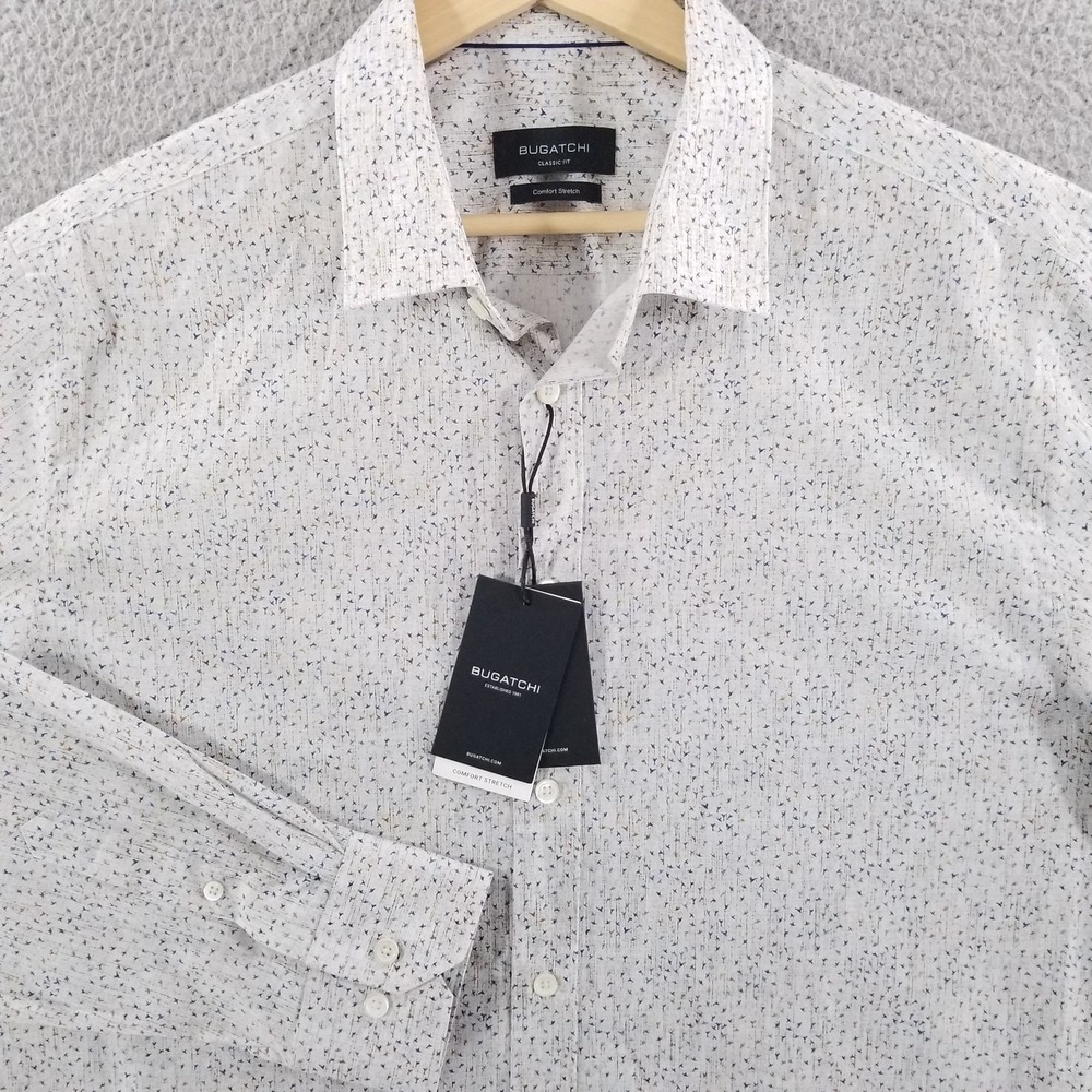 Bugatchi Shirt Mens Large Grey Bird Pattern Classic Fit Comfort Stretch Button